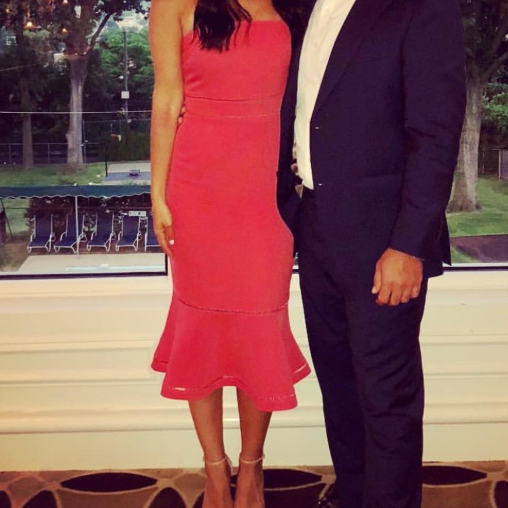 Red strapless midi ruffle dress